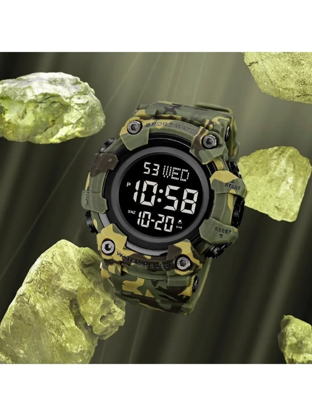 Men's Camouflage Green Analog Rubber Band Waterproof Electronic Digital Watch